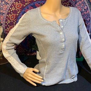 GREY AND CREAM STRIPED SONOMA BUTTON FRONT TOP